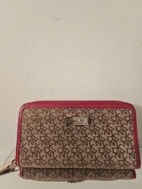 DKNY Signature Canvas Zip Wallet in Brown and Red